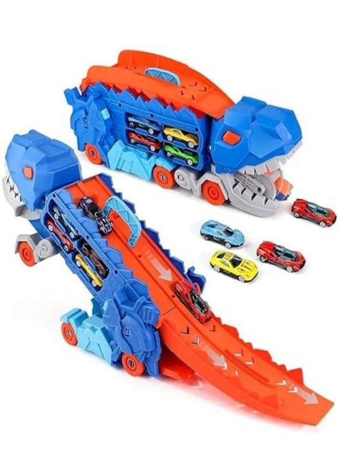 Meghasky Transport Dinosaur Truck Toy with 25-Inch Foldable Sliding Race Track, Transforms into T-Rex, Stores 2 Die-Cast Cars, for 3-8 Year Old Kids - Image 1